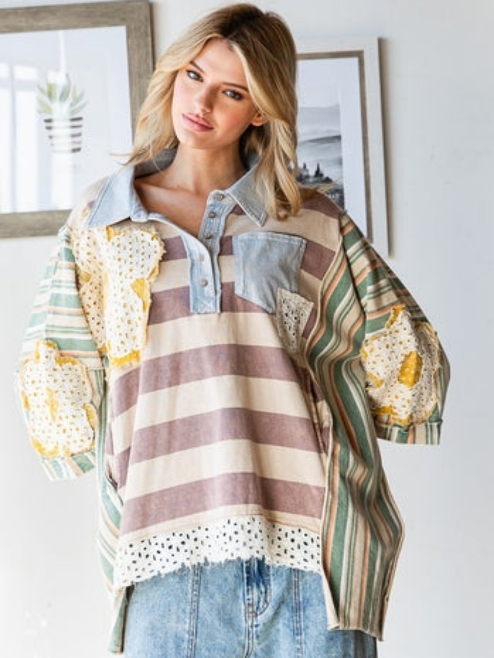 Oli & Hali Oversized Multicolored Mix n Matched Striped Top with Flower Patches